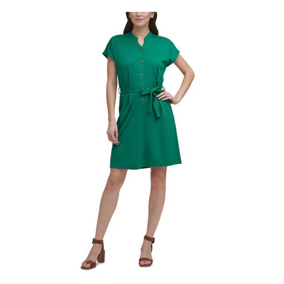 NWT CALVIN KLEIN Womens Green Button Placket Self-tie Belt Split Shirt Dress 4 - Picture 1 of 2